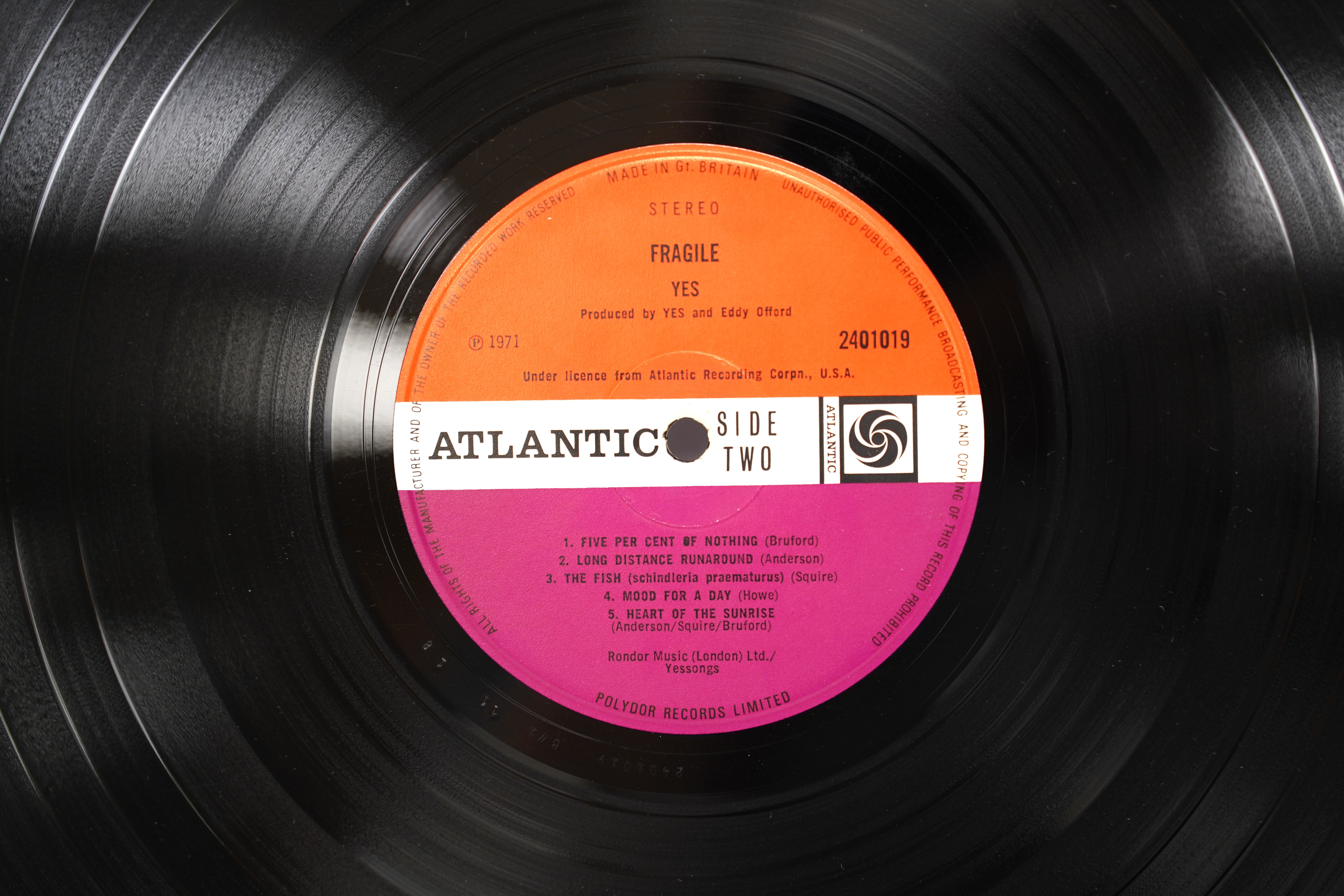 Yes; Fragile LP record album, on Atlantic red and plum 2401019, gratefold cover with inner booklet